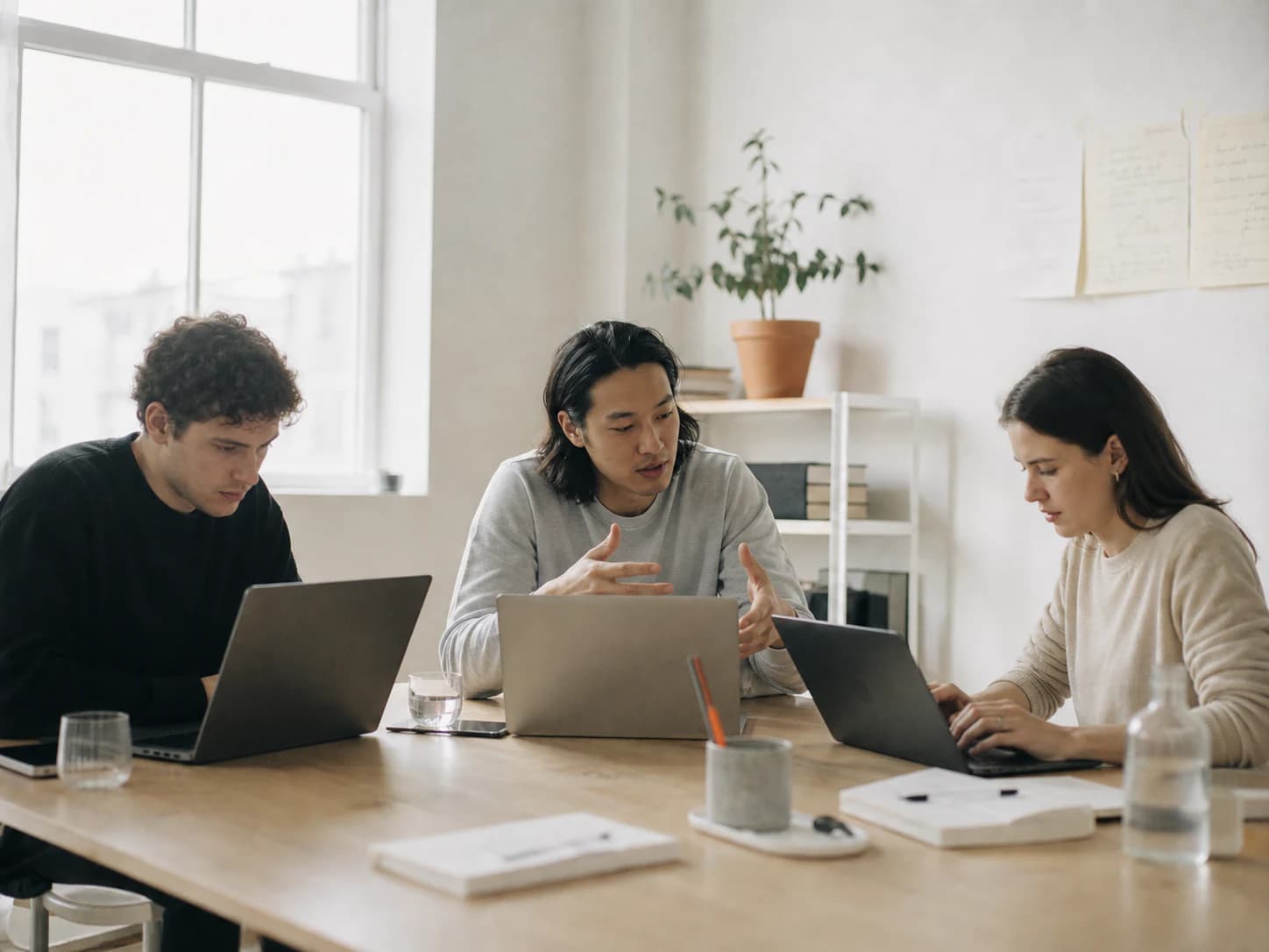 Three software builders collaborating around a table with their laptops
